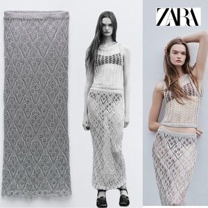 Zara SILVER MESH METALLIC THREAD CROCHET KNIT MIDI SKIRT Sz S NWOT